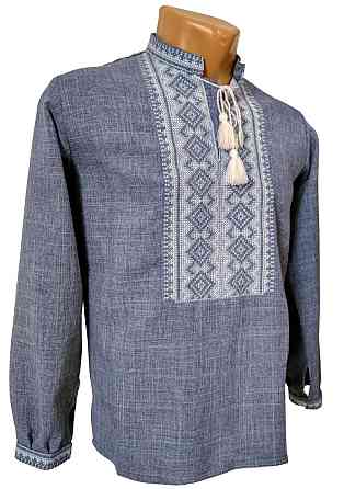 Класична чоловіча сорочка зі стійким коміром синього кольору на довгий рукав. Київ