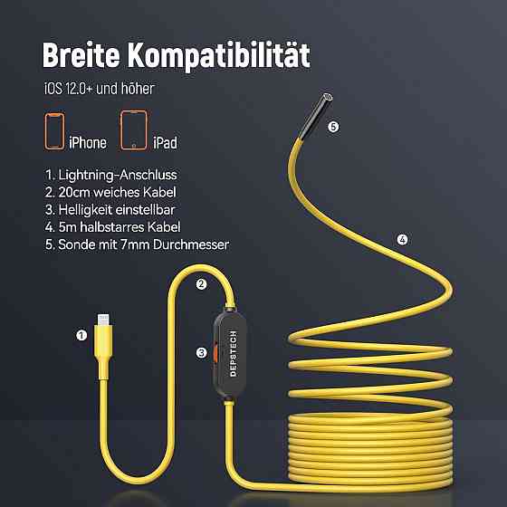 Эндоскопическая камера 7 мм 2 МП с подсветкой для iPhone/iPad iOS 12+, кабель 5 м IP67 влагозащищенная Киев