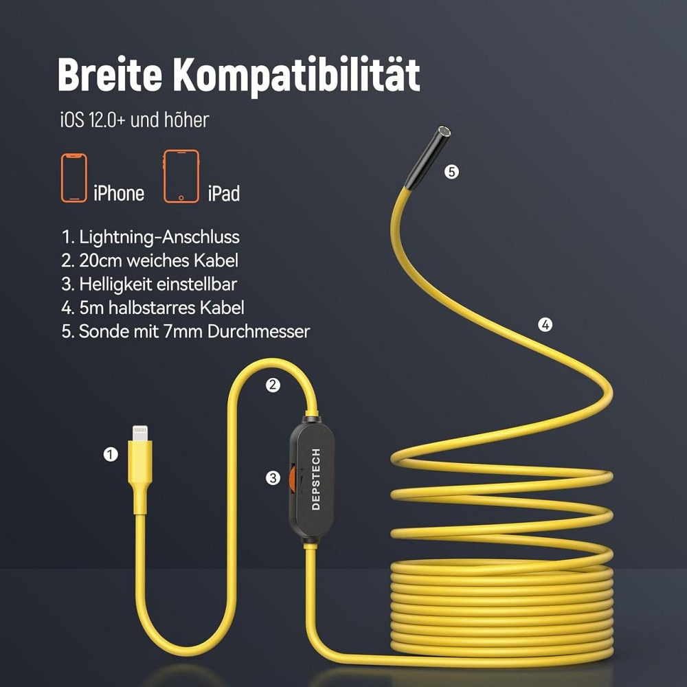 Ендоскопічна камера 7 мм 2 МП з підсвіткою для iPhone/iPad iOS 12+, кабель 5 м IP67 водонепроникна Київ - фото 3