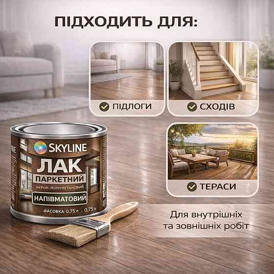 Лак для підлоги напівматовий Skyline паркетний, акрил-поліуретановий, водний, зносостійкий, без запаху, 750 мл Харків