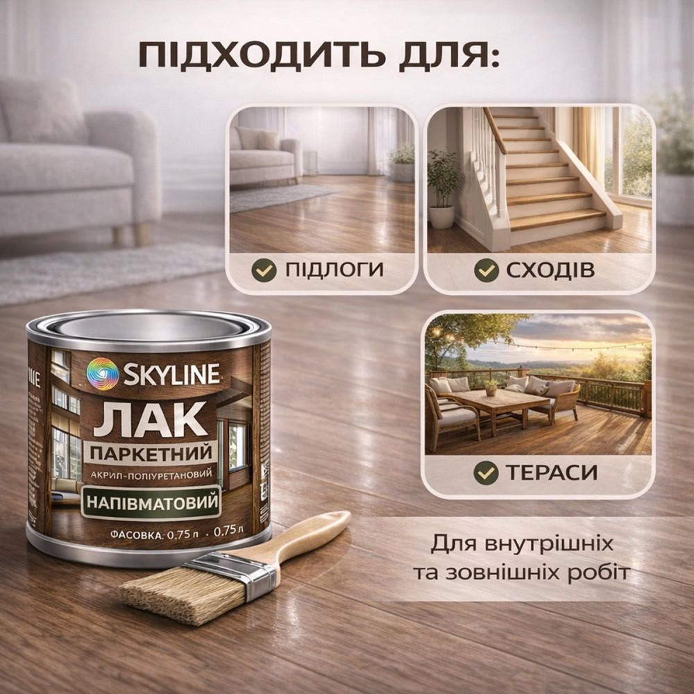 Лак для підлоги напівматовий Skyline паркетний, акрил-поліуретановий, водний, зносостійкий, без запаху, 750 мл Харків - фото 3