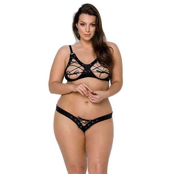 Комплект из экокожи Passion CELINE BIKINI 4XL/5XL black, открытый бра, стринги со шнуровкой Sex Aura Киев