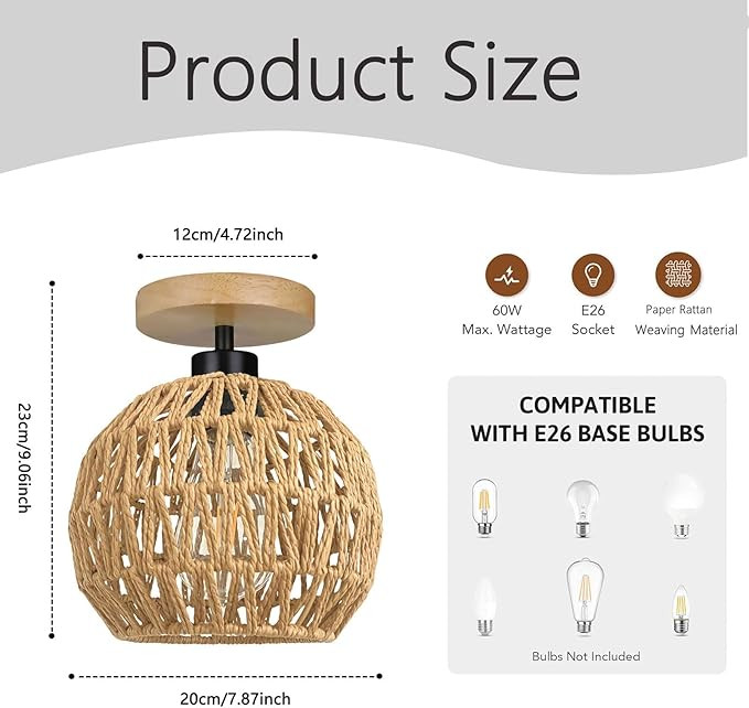 Стильна стельова люстра в Еко-стилі (Плетений абажур + Дерево) Луцьк - фото 4