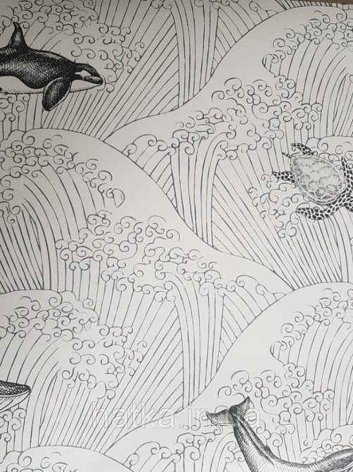 Обои флизелиновые детские  Caselio Our Planet море дельфины киты черепахи черные на белом Киев - изображение 2