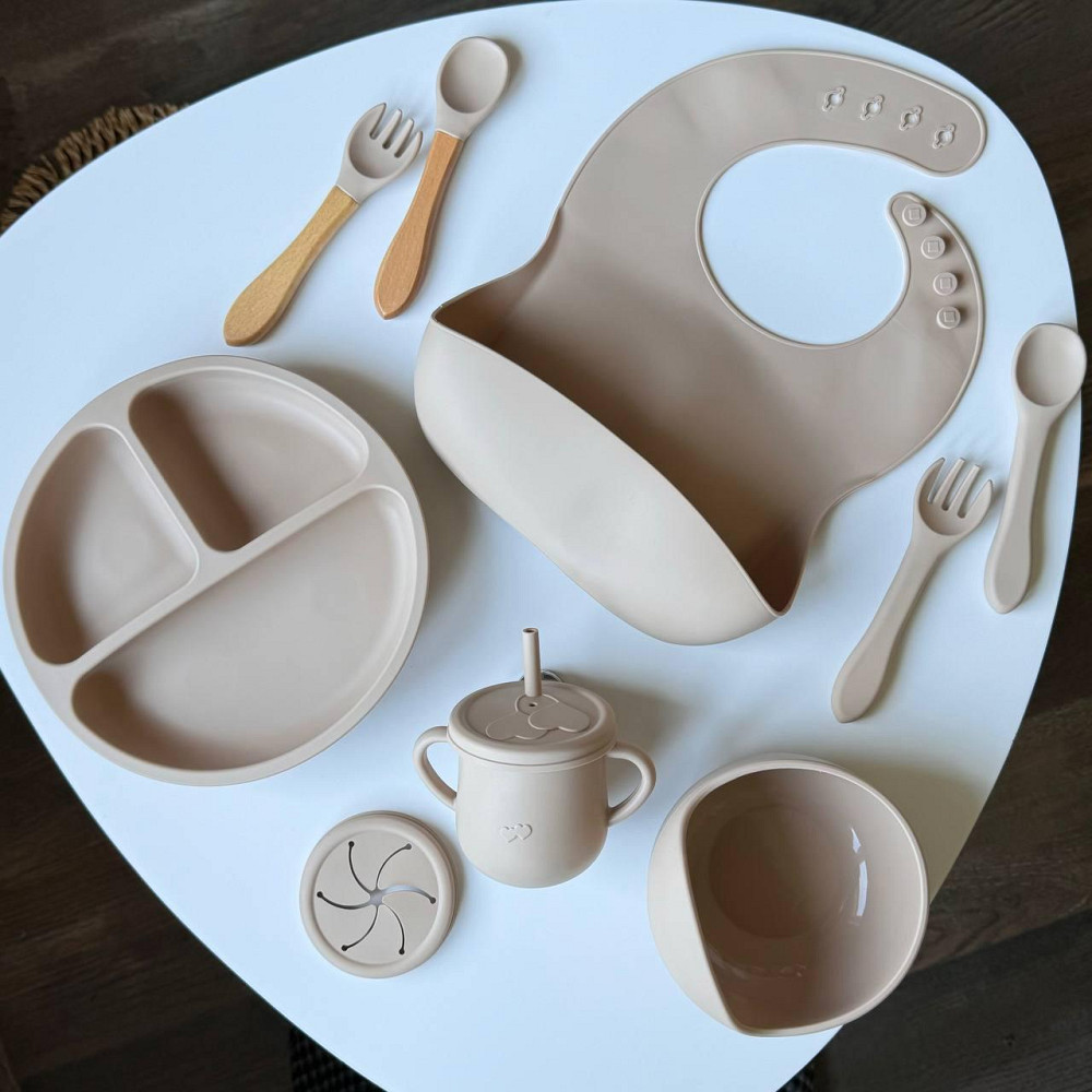 Детский набор силиконовой посуды для первого прикорма 9 предметов силиконовая посуда на присосках цвет беж Киев - изображение 10