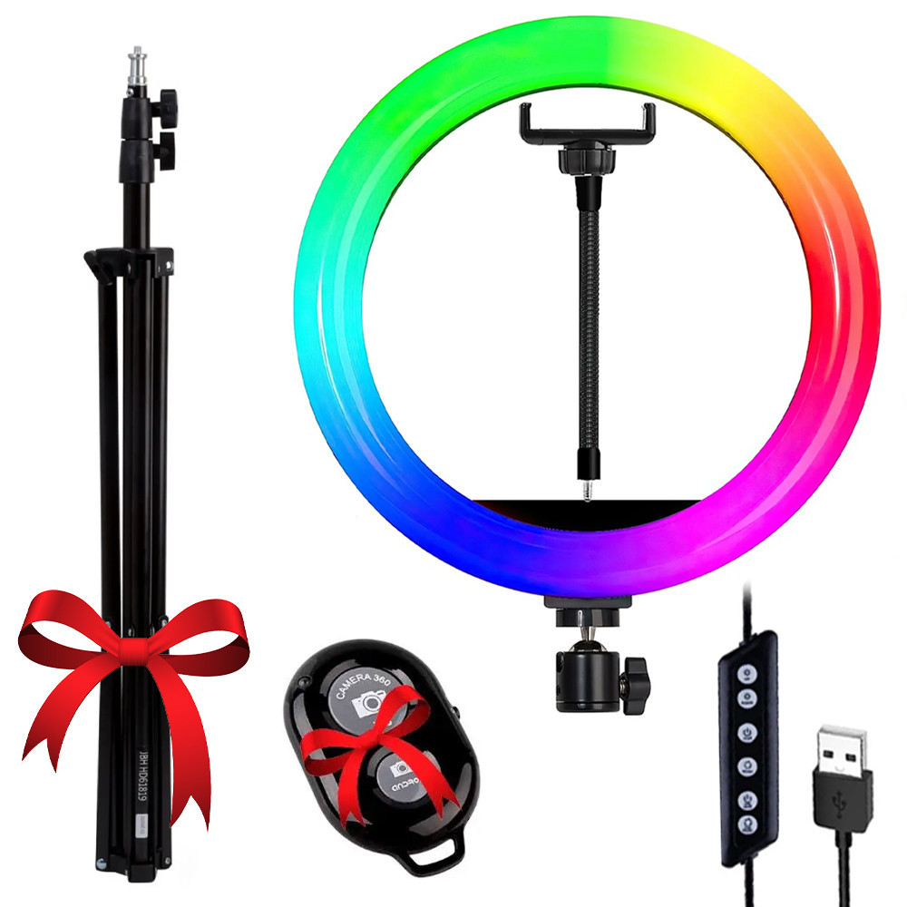 Кольцевая лампа RGB 26 см, от USB, MJ260 + Подарок Штатив для лампы 0,66-2 м + Пульт для селфи Bluetooth Киев - изображение 1