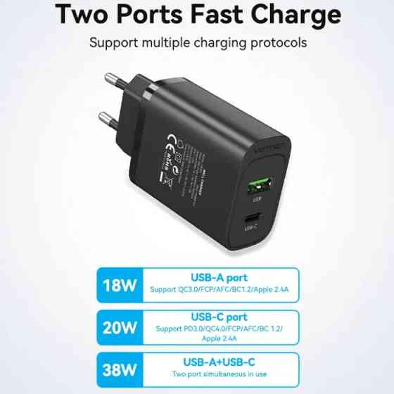 Зарядний пристрій 2xUSB 38W PD,QC3.0 (USB-C+USB-A) чорний Vention Винница