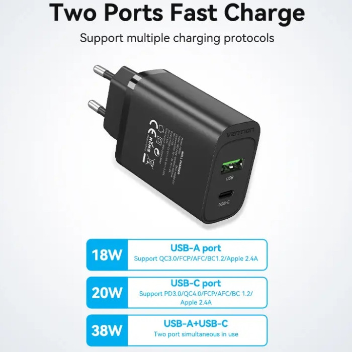 Зарядний пристрій 2xUSB 38W PD,QC3.0 (USB-C+USB-A) чорний Vention Винница - изображение 3