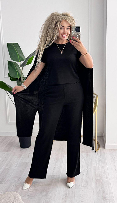 Жіночий базовий прогулянковий костюм-трійка: кардиган футболка та штани трикотажний рубчик Чорний, 42/44 Одеса - фото 3