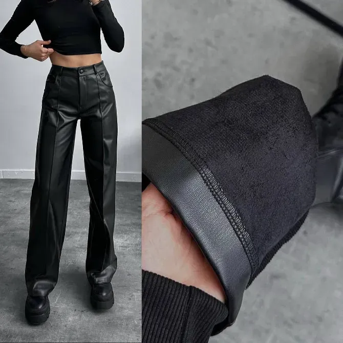 Прямые женские эко-кожаные брюки с флисом и стрелами Харьков - изображение 7