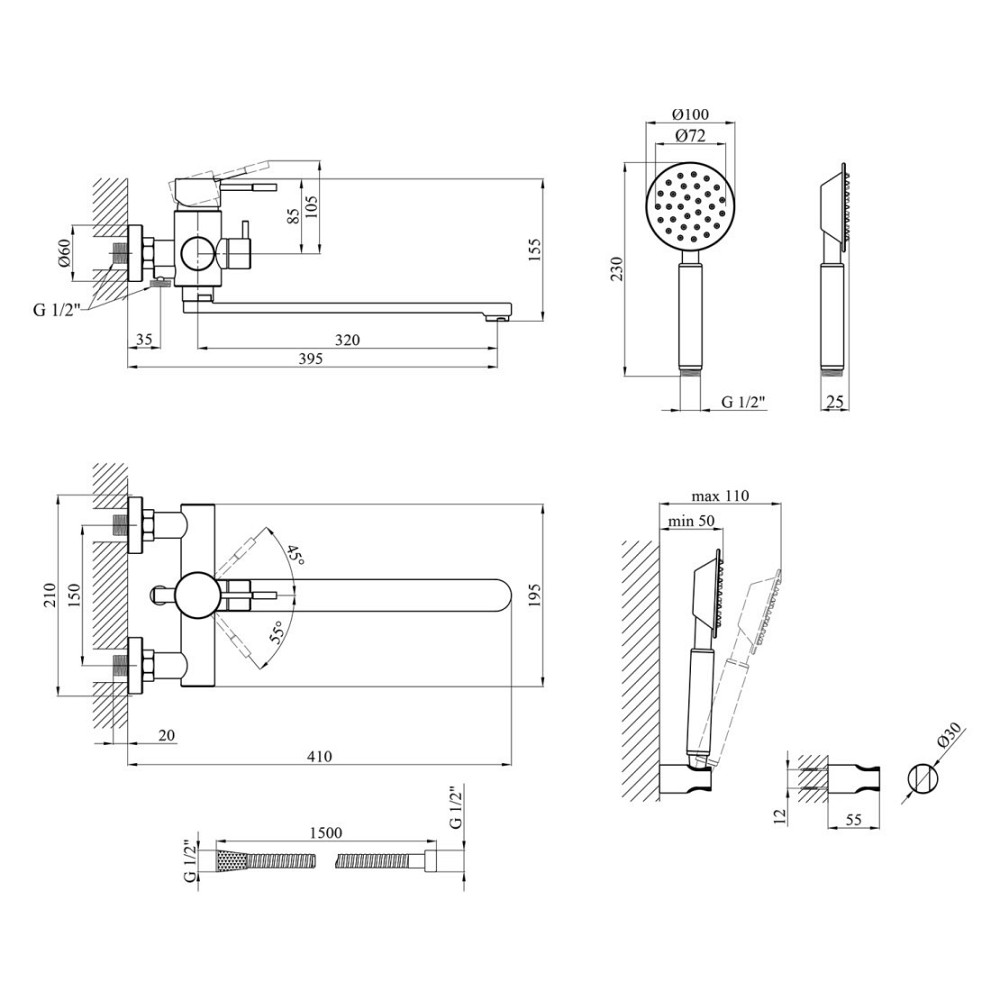 Смеситель для ванны WEZER EKO7-17 с душевым гарнитуром, сатин Киев - изображение 2