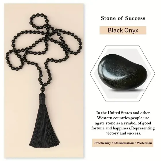 Намисто-чотки з чорного оніксу 86 см – натуральний камінь, оберіг з китицею Київ