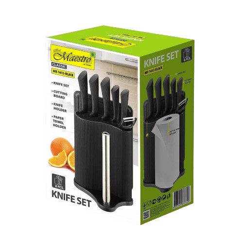 Набір ножів 8 предметів:(6шт + обробна дошка + підставка з тримачем паперових рушників) чорний MR-1413-BLACK Maestro Житомир
