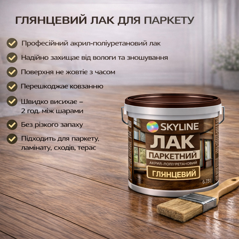 Лак для підлоги глянцевий Skyline паркетний, акрил-поліуретановий, водний, зносостійкий, без запаху, 10 л Харків - фото 9