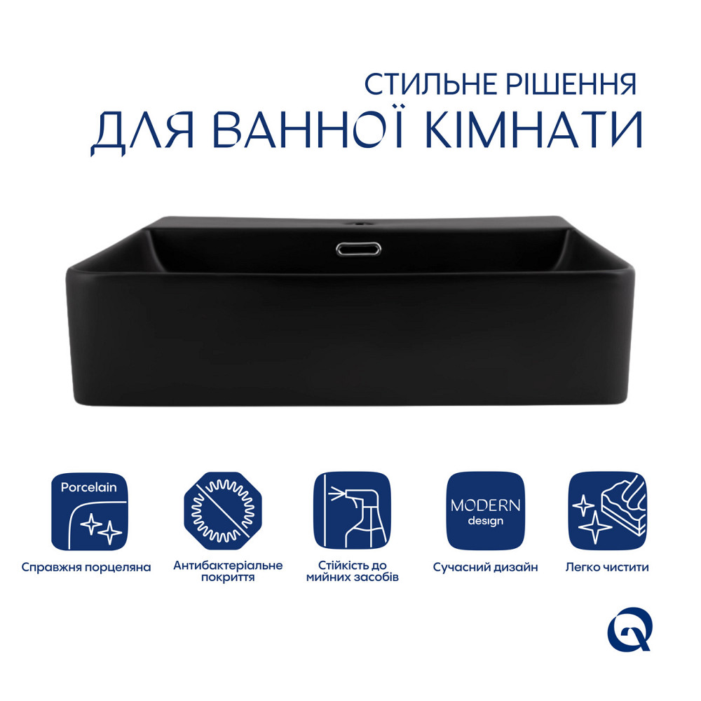 Комплект Qtap Nando LT: Раковина підвісна прямокутна 500х420х130 мм Matt Black + Донний клапан PU03O Київ - фото 3