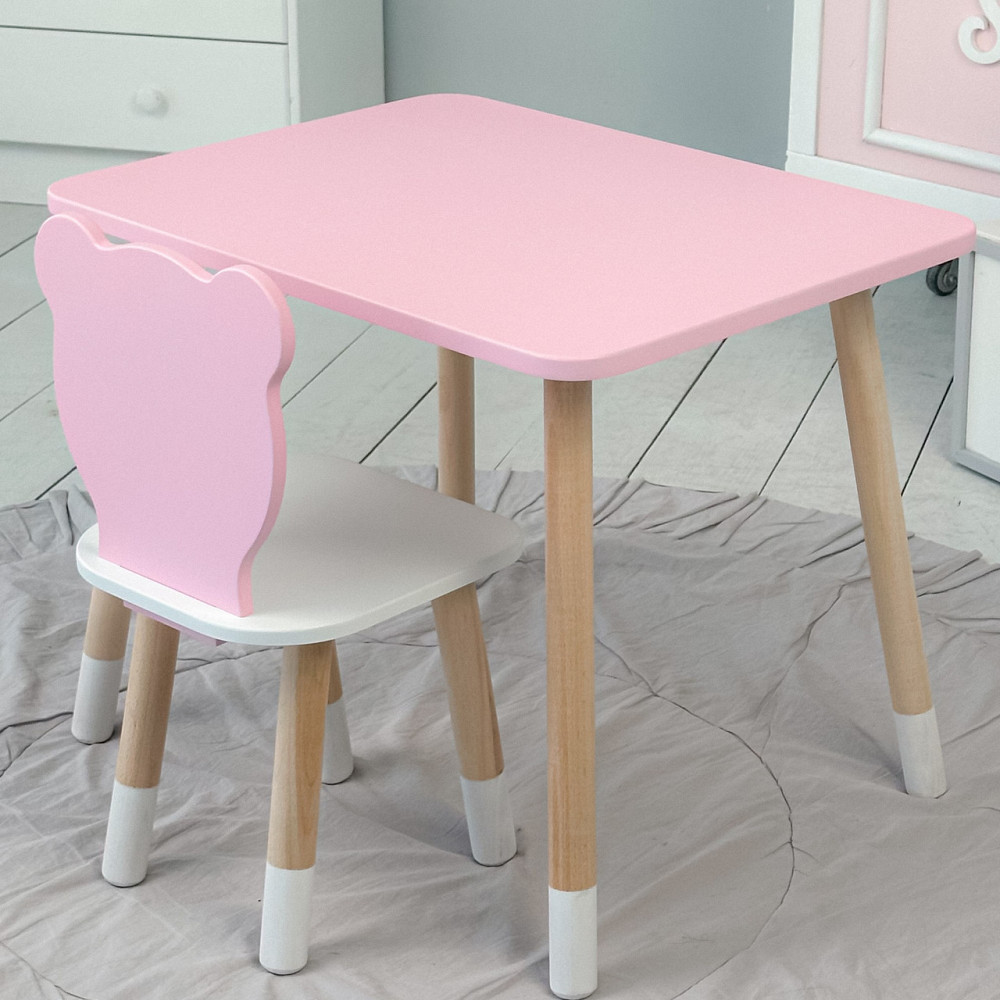 Стіл прямий 46х60х45 і стілець мордочка медведика 26х26х24, столик та стільчик для дівчинки, рожевий з білим Київ - фото 5