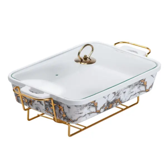 Настільна мармітниця 2 літра марміт прямокутний порцелянаовий 40х23х11 см для других страв Мармур HP1033 Коломия