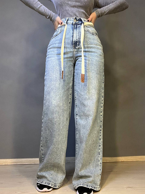 Джинси жіночі Dicesil 9153 palazzo jeans широкі стрейчеві завишена талія палаццо ремінь косичка блакитні, блакитний, 28, 28, 74 см, 100 см Київ - фото 16