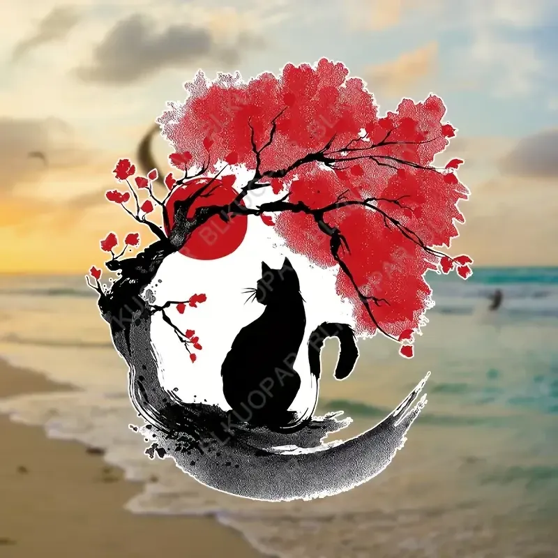 Наклейка виниловая Аниме Кот под сакурой – черная кошка, красное солнце, японский стиль 13 см Киев - изображение 3