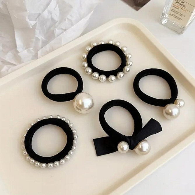 Набор резинок для волос с жемчужинами и бантом – 5 шт, чёрные аксессуары Киев - изображение 1