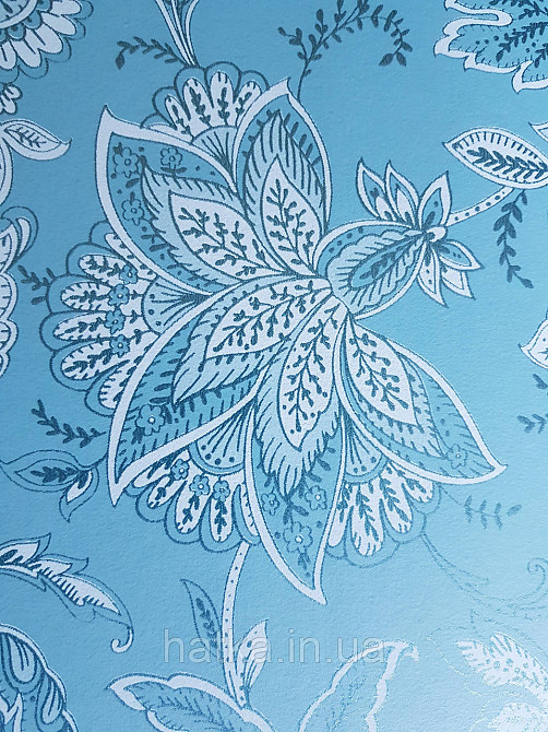 Шпалери флізелінові еко Rasch Sophia 0.53х10 рослинний принт квіти листя срібло білі на бірюзовом3д Київ - фото 4