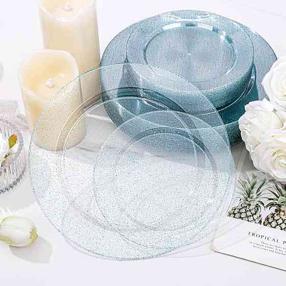 Набір тарілок пластикових круглі 4 шт, десертні 19 см і обідні 26 см, сині прозорі з блискітками Кам'янець-Подільський