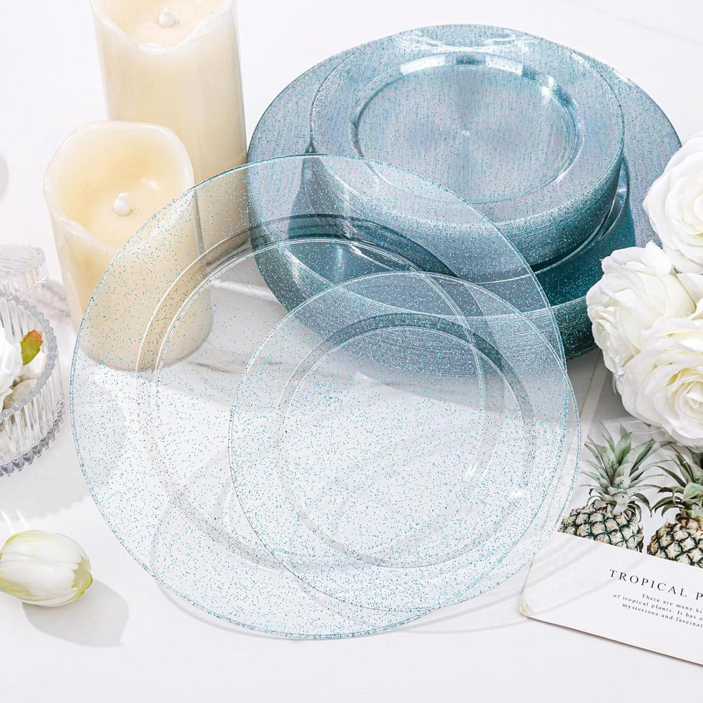 Набор тарелок пластиковых круглые 4 шт, десертные 19 см и обеденные 26 см,синие прозрачные с блёстками Каменец-Подольский - изображение 5