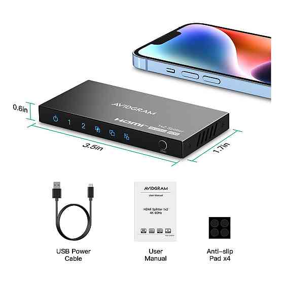 HDMI спліттер розгалужувач AVIDGRAM 1x2 HDMI2.0 4K 60 Гц 4:4:4 HDCP2.2 HDR10 Downscaler копіювання EDID дзеркалювання чорний Київ