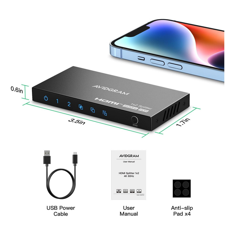 HDMI спліттер розгалужувач AVIDGRAM 1x2 HDMI2.0 4K 60 Гц 4:4:4 HDCP2.2 HDR10 Downscaler копіювання EDID дзеркалювання чорний Київ - фото 5