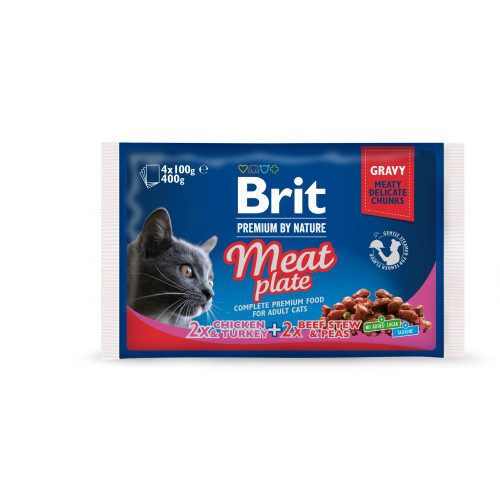 Корм влажный Brit Premium Cat Meat Plate pouches набор для кошек мясная тарелка курица и индейка с тушеной говядиной и Киев - изображение 1