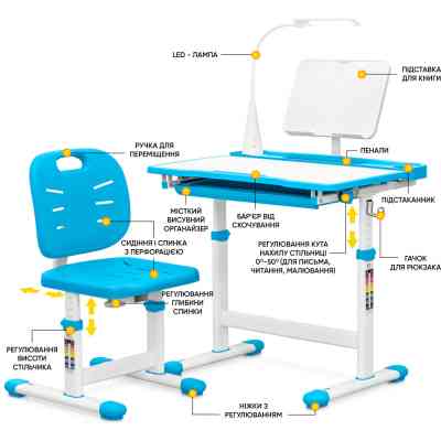 Парта со стулом Evo-kids (стул+стол+полка+лампа) Blue (Evo-17 BL Ergo) Винница