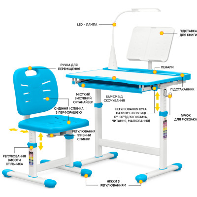 Парта зі стільцем Evo-kids (стіл+стілець+полиця+лампа) Blue (Evo-17 BL Ergo) Вінниця - фото 2