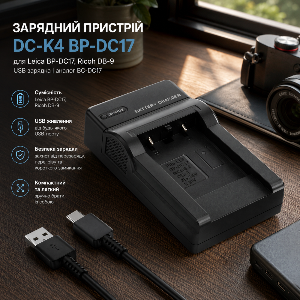 Зарядний пристрій DSLR DC-K4 BP-DC17 для Leica BP-DC17, Ricoh DB-9, USB, аналог BC-DC17 Київ - фото 5
