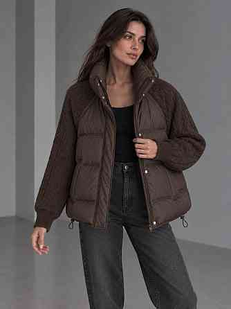 Куртка жіноча YZY 30790 пуховик oversize з в’язаними рукавами демісезонна one size, коричневий, one size Київ
