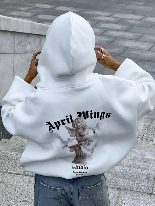 Жіноча утеплена оверсайз худі на блискавці з накатом тринитка на флісі Білий Одеса - фото 1