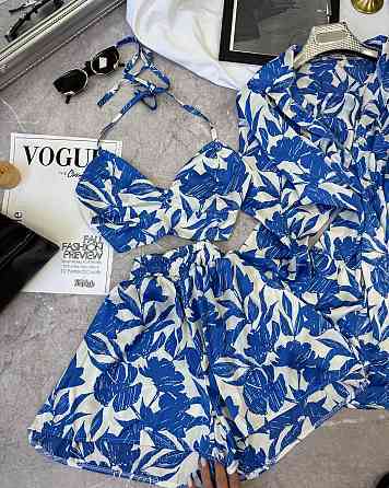 Жіночий легкий принтований костюм трійка: сорочка топ і шорти з шовку Одеса