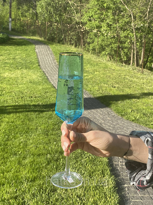 Келих для шампанського "Бірюза" 180 мл блакитний із золотою облямівкою Київ - фото 3