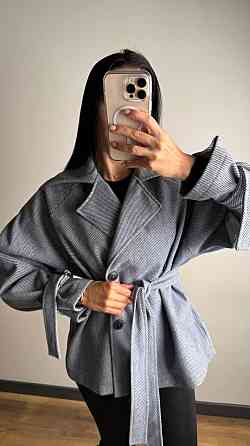 Женское трендовое пальто с двубортной застежкой на пуговицы и поясом Синий Одесса