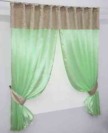 Кухонные шторы VR-Textil № 073к с ламбрекеном и подхватами салатовый с кремовымм 270х170 см (52-0270) Киев