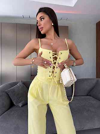 Женский стильный летний костюм двойка турецкий лён. Лимонный, 44/46 Одесса