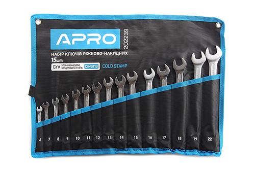 Набір рожково-накидних ключів CrV 15 шт (6-19, 22 мм) холодний штамп DIN3113 APRO Харків - фото 1