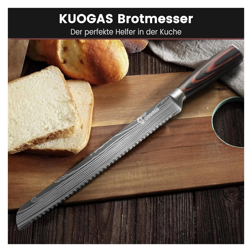Нож для хлеба KUOGAS 26 см чёрный зубчатый сталь ручка Pakka Wood Киев - изображение 5