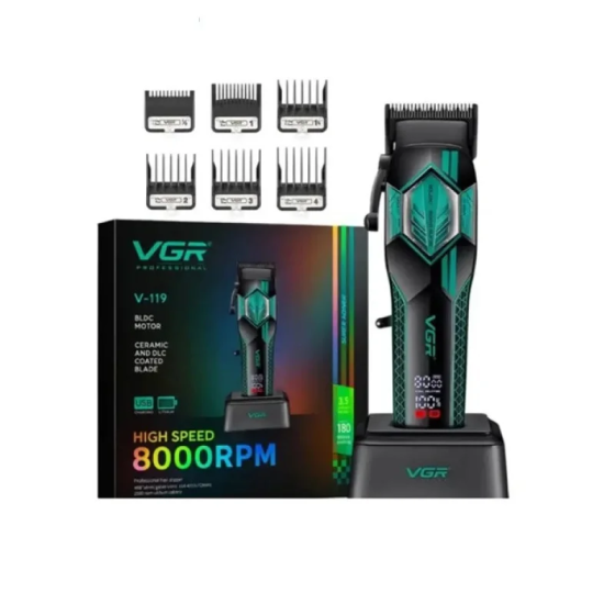 Професійна машинка для стрижки VGR V-119 Green: BLDC-мотор 8000 об/хв, кераміка + DLC, 2500 мА·год та USB-C база Одеса