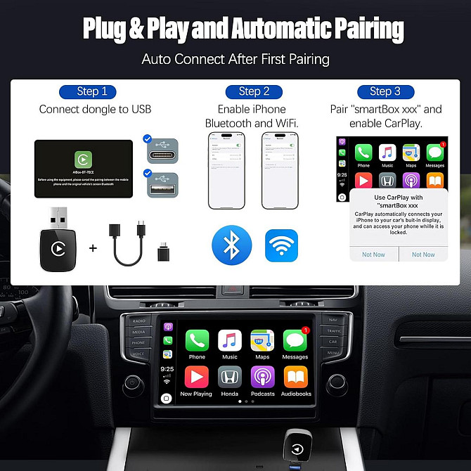 Бездротовий адаптер CarPlay для iPhone, конвертер для дротового штатного карплей в авто для навігації музики Plug and Play Київ - фото 2