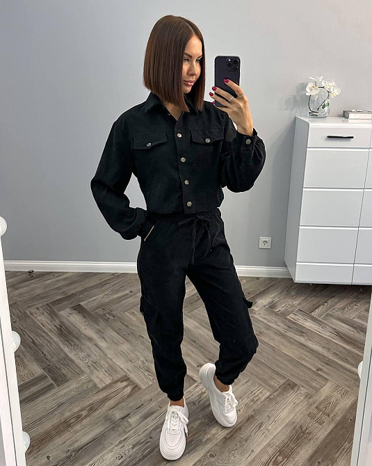 Женский стильный базовый костюм двойка из микровельвета Черный, 46/48 Одесса - изображение 1