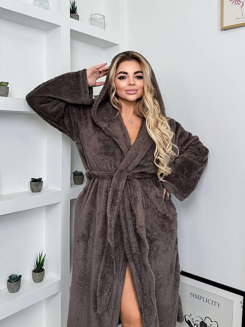 Жіночий теплий домашній махровий халат двостороння махра Шоколад, 48/52 Одеса - фото 4