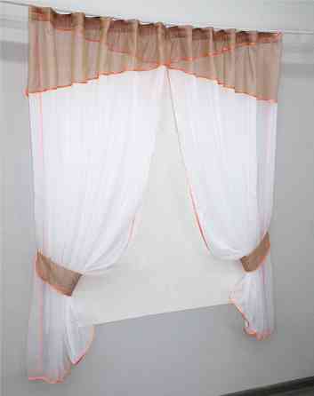 Кухонные шторы VR-Textil № 091к с ламбрекеном и подвязками персиковый с белым 260х170 см (59-774) Киев