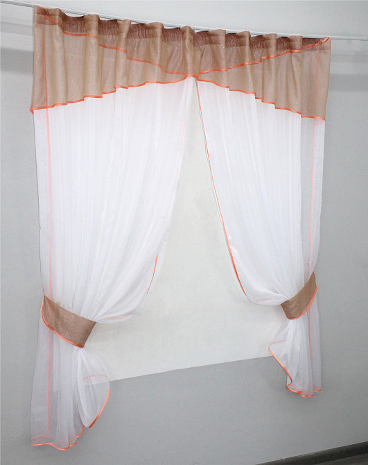 Кухонні штори VR-Textil № 091к з ламбрекеном і підв'язками персиковий з білим 260х170 см (59-774) Київ - фото 2