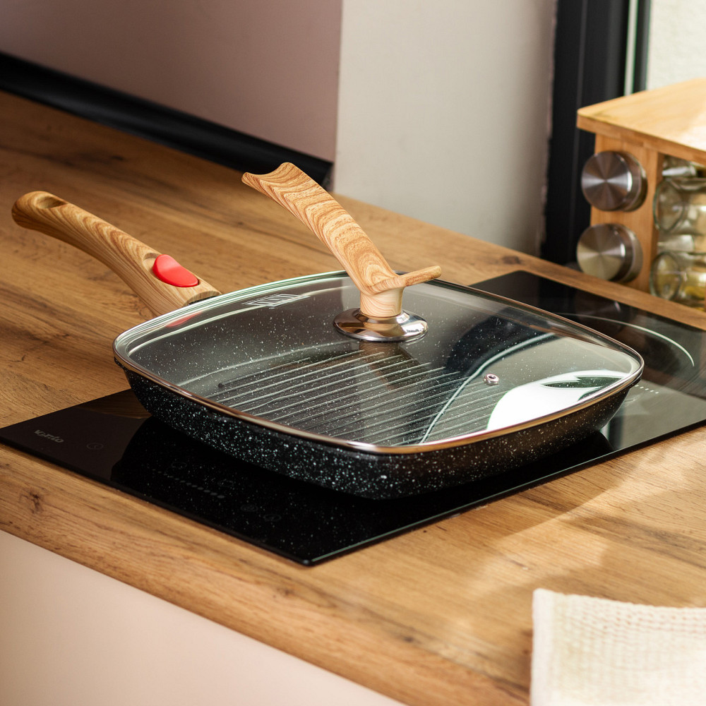 Алюминиевая сковорода-гриль 28 см со стеклянной крышкой, квадратная, черная MGC HP-4-462B Киев - изображение 7