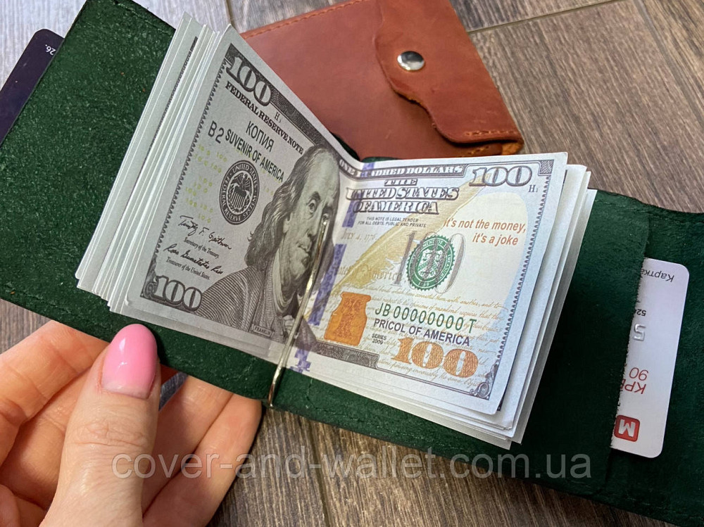 Шкіряний затискач для купюр та карток на кнопці зеленого кольору LQ Leather Київ - фото 5